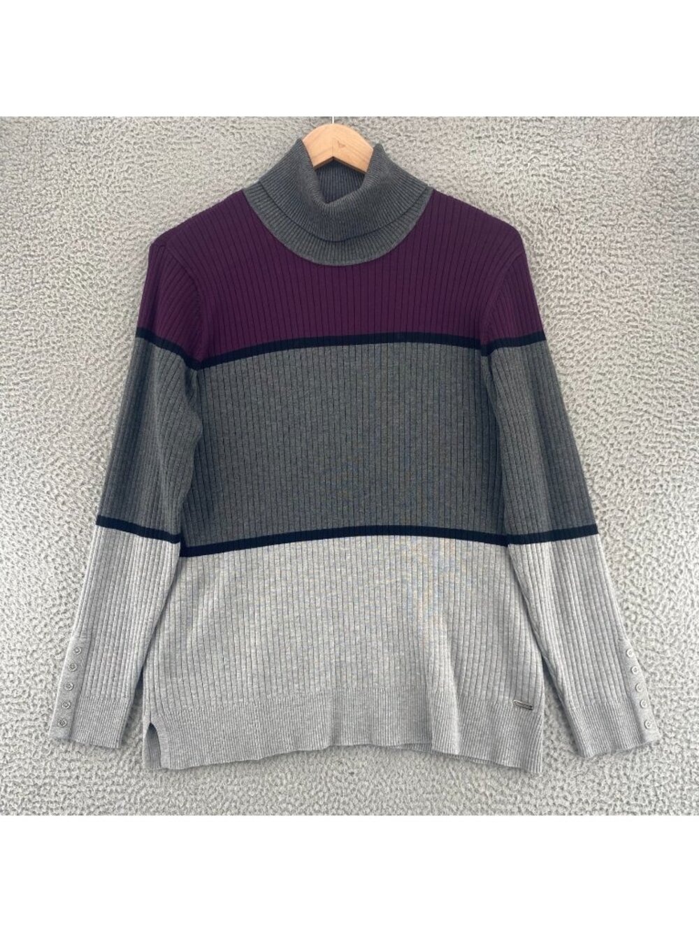 Calvin Klein Sweater Womens Extra Large Gray Purple Striped Turtleneck Button